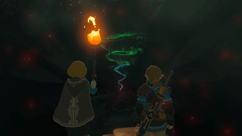 TotKのOPの謎の光を見つめるリンクとゼルダ